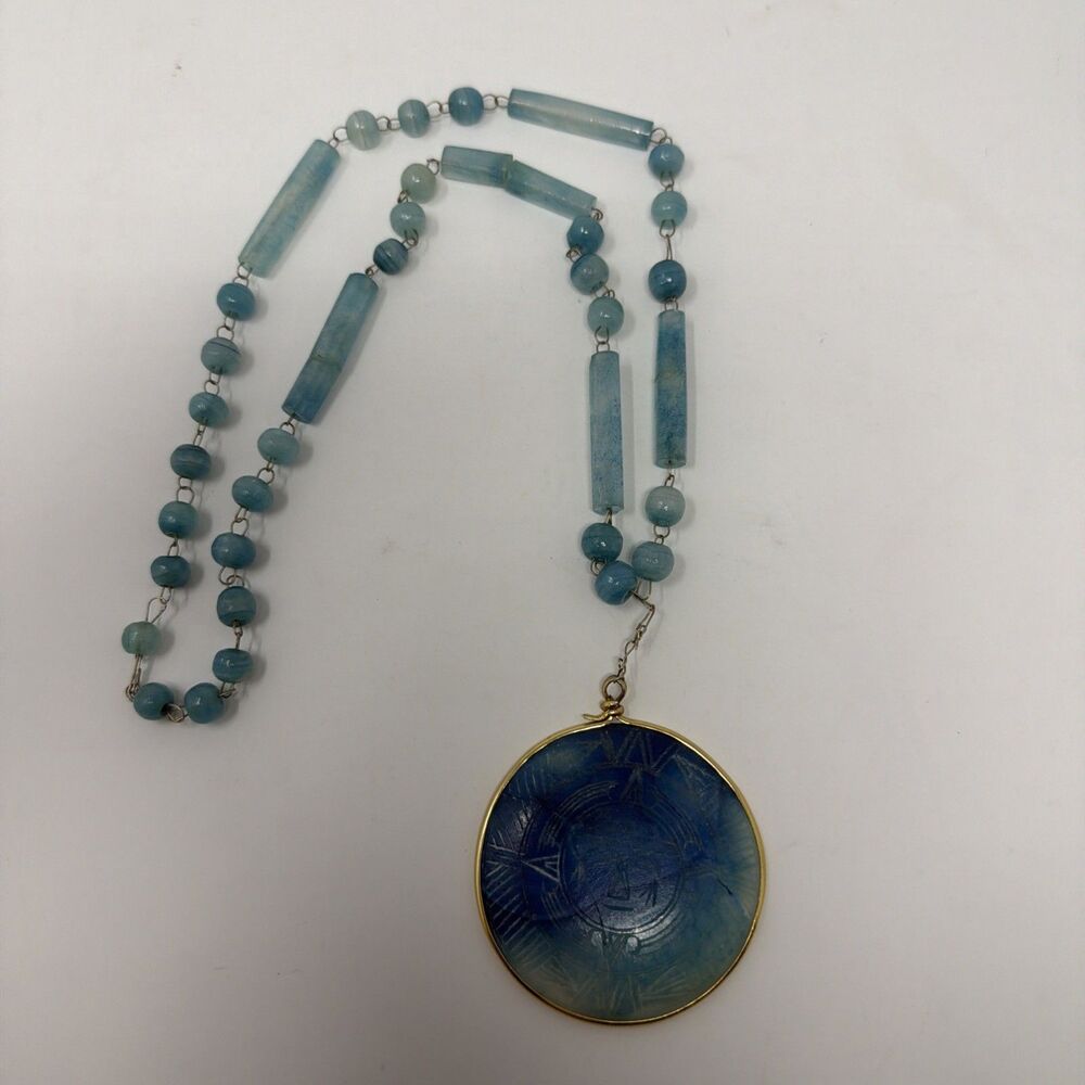 Vintage Blue Jasper Celestial Stone Aztec 25” Necklace Sun Pendant